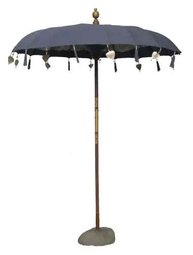 Product image of the product “Bali umbrella, Dark Grey 2 with wooden coins and gold leaves hanging around the edge. Approx. 190cm dia. and 250cm height ”